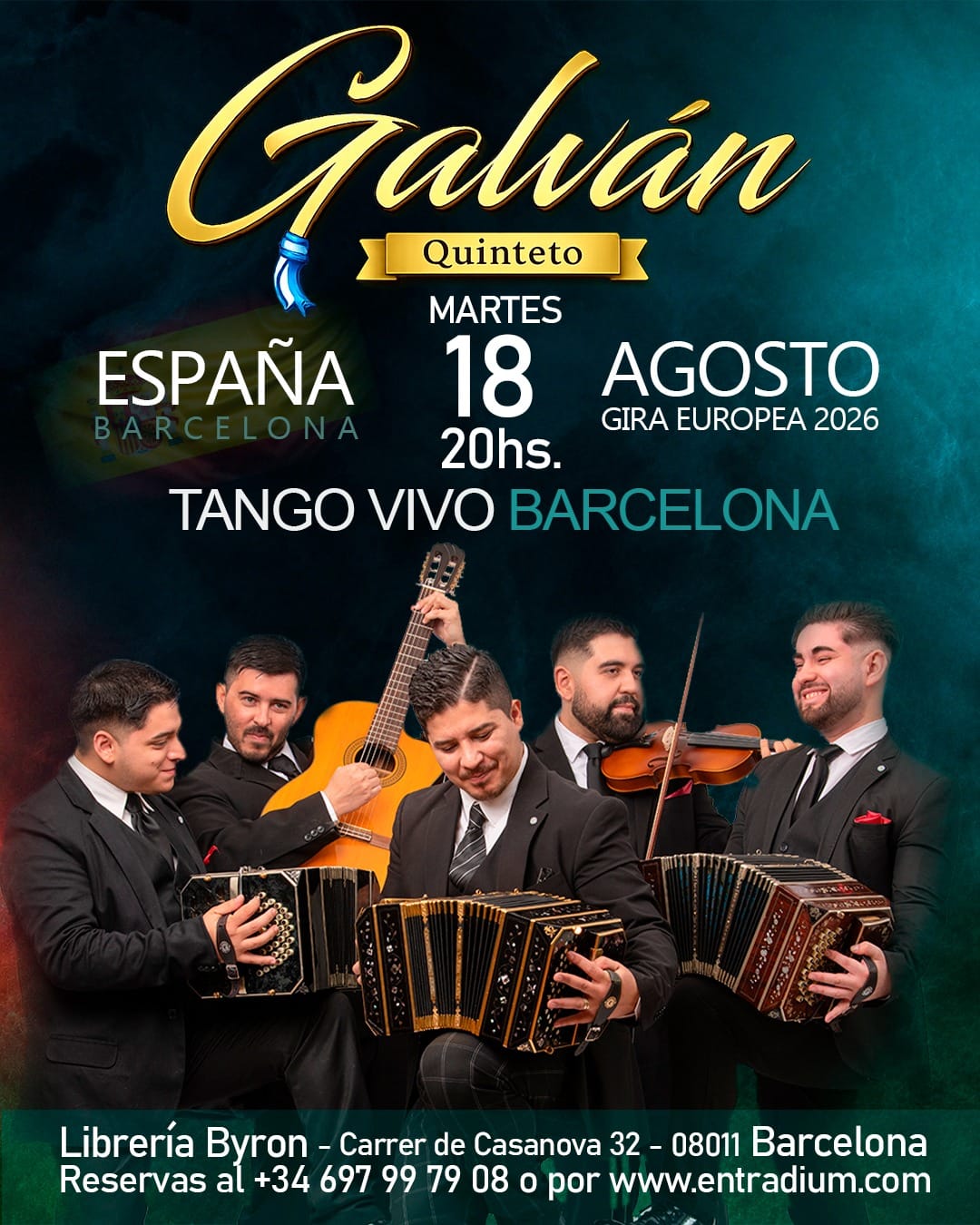 Quinteto Galván en concierto — bandoneones, violín y guitarra de tango en Barcelona
